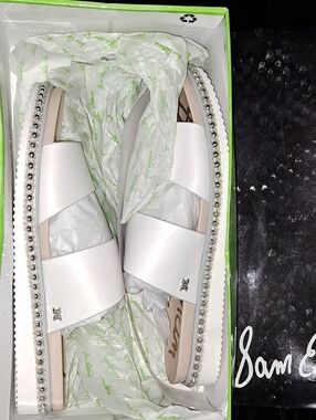 Women's White Slide Sandals with Crystal Accent